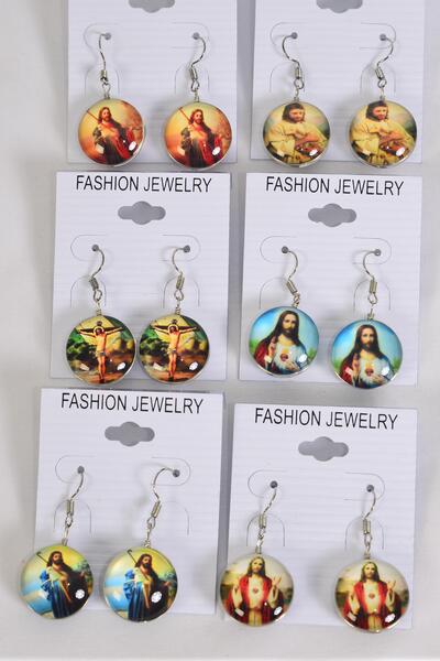Earrings  Jesus Crucifix Double Sided Glass Dome Multi / 12 pair = Dozen  Fish Hook ,  Size - 0.75" Wide , 2 of each Pattern Asst , Earring Card & OPP Bag & UPC Code