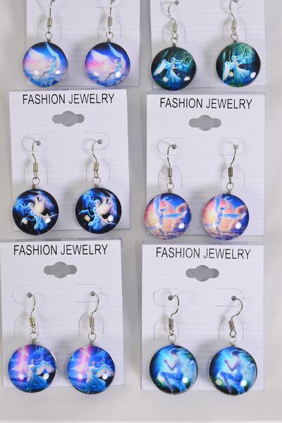 Earrings Angel Double Sided Glass Dome / 12 pair = Dozen  match 70257 Fish Hook , Size-0.75" Wide , 2 of each Pattern Asst , Earring Card & OPP Bag & UPC Code
