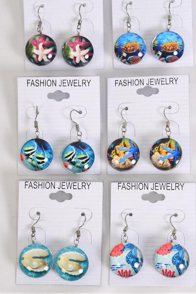 Earrings Under the Sea Ocean Creatures Double Sided Glass Dome / 12 pair = Dozen  match 70258 Fish Hook , Size - 0.75" Wide , 2 of each Pattern Asst , Earring Card & OPP Bag & UPC Code