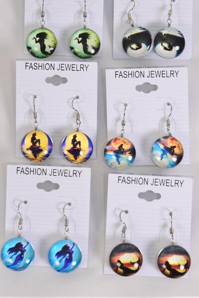 Earrings Mermaid Double Sided Glass Dome / 12 pair = Dozen  match 70270 Fish Hook , Size - 0.75" Wide , 2 of each Design Asst , Earring Card & OPP Bag & UPC Code