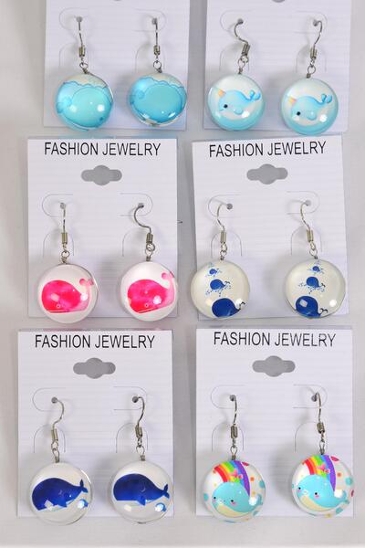 Earrings Cute Dolphin Whale Narwhal Mix Double Sided Glass Dome / 12 pair = Dozen Fish Hook , Size - 0.75" Wide , 2 of each Pattern Asst , Earring Card & OPP Bag & UPC Code