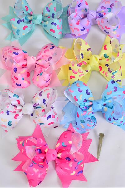 Hair Bow Jumbo Double Layered Jelly Bean Candies Pastel Grosgrain Bow-tie / 12 pcs Bow = Dozen Alligator Clip , Size - 6" x 5" Wide , 2 White , 2 Pink , 2 Hot Pink , 2 Lavender , 2 Mint Green , 1 Yellow , 1 Blue Color Mix , Clip Strip & UPC Code