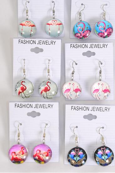 Earrings Flamingo Double Sided Glass Dome / 12 pair = Dozen    Fish Hook , Size - 0.75" Wide , 2 of each Pattern Asst , Earring Card & OPP Bag & UPC Code