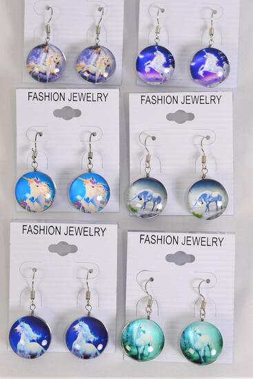 Earrings Unicorn Double Sided Glass Dome / 12 pair = Dozen  Fish Hook , Size - 0.75" Wide , 2 of each Pattern Asst , Earring Card & OPP Bag & UPC Code