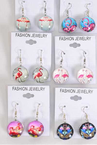 Earrings Flamingo Double Sided Glass Dome / 12 pair = Dozen    Fish Hook , Size - 0.75" Wide , 2 of each Pattern Asst , Earring Card & OPP Bag & UPC Code
