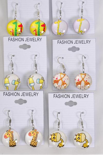 Earrings Giraffe Double Sided Glass Dome / 12 pair = Dozen match 70291 Fish Hook , Size - 0.75" Wide , 2 of each Pattern Asst , Earring Card & OPP Bag & UPC Code