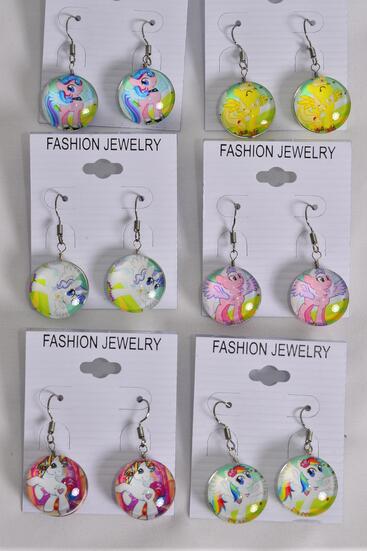 Earrings Pony Double Sided Glass Dome / 12 pair = Dozen  Fish Hook , Size - 0.75" Wide , 2 of each Pattern Asst , Earring Card & OPP Bag & UPC Code