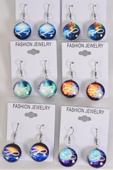 Earrings Infinity Symbol Double Sided Glass Dome / 12 pair = Dozen match 70267 Fish Hook , Size-0.75" Wide , 2 of each Pattern Asst , Earring Card & OPP Bag & UPC Code