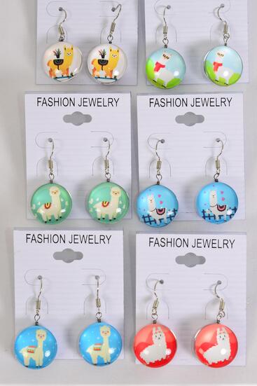 Earrings Llama Double Sided Glass Dome / 12 Pair = Dozen Match 70289 Fish Hook , Size - 0.75" Wide , 2 of each Pattern Asst , Earring Card & OPP Bag & UPC Code