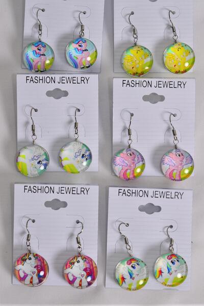 Earrings Pony Double Sided Glass Dome / 12 pair = Dozen  Fish Hook , Size - 0.75" Wide , 2 of each Pattern Asst , Earring Card & OPP Bag & UPC Code