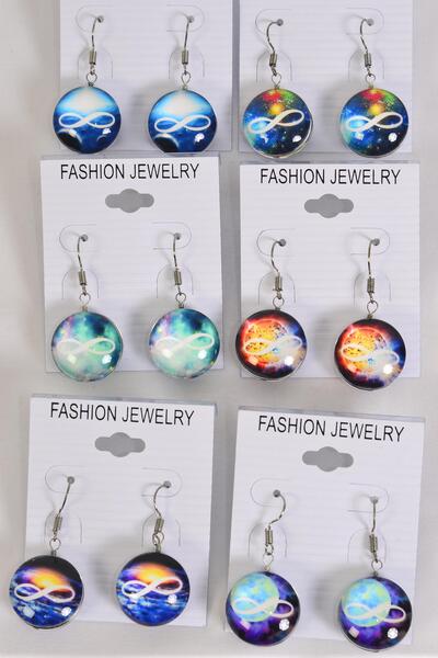 Earrings Infinity Symbol Double Sided Glass Dome / 12 pair = Dozen match 70267 Fish Hook , Size-0.75" Wide , 2 of each Pattern Asst , Earring Card & OPP Bag & UPC Code