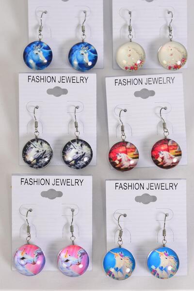 Earrings Unicorn Double Sided Glass Dome / 12 pair  = Dozen  Fish Hook , Size - 0.75" Wide , 2 of each Design Asst , Earring Card & OPP Bag & UPC Code