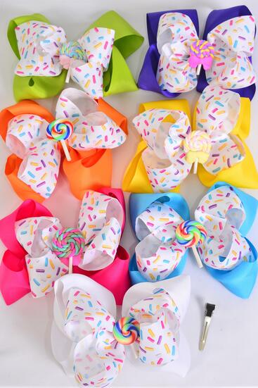 Hair Bow Jumbo Double Layered Sprinkles Lollipop Charm Citrus Grosgrain Bow-tie / 12 pcs Bow = Dozen  Alligator Clip , Bow Size - 6" x 5" Wide , 2 White , 2 Fuchsia , 2 Purple , 2 Yellow , 2 Blue, 1 Lime , 1 Orange Color Asst , Hang Tag & OPP Bag
