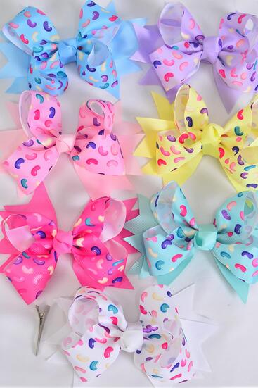 Hair Bow Jumbo Double Layered Jelly Bean Candies Pastel Grosgrain Bow-tie / 12 pcs Bow = Dozen Alligator Clip , Size - 6" x 5" Wide , 2 White , 2 Pink , 2 Hot Pink , 2 Lavender , 2 Mint Green , 1 Yellow , 1 Blue Color Mix , Clip Strip & UPC Code