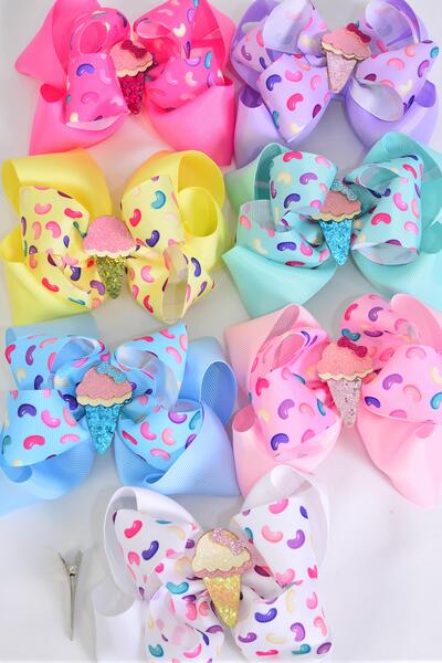 Hair Bow Jumbo Double Layered Jelly Bean Candies Ice Cream Charm Grosgrain Bow-tie / 12 pcs Bow = Dozen Alligator Clip , 2 White , 2 Baby Pink , 2 Lavender , 2 Hot Pink , 2 Mint Green , 1 Blue , 1 Yellow Color Asst , Clip Strip & UPC Code