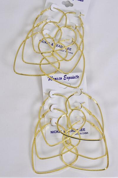 Earrings Metal 3 pair Hearts Gold / 12 card = Dozen  Post , Size - 2" x 2" Wide , Earring Card & OPP Bag & UPC Code , 3 pair per card , 12 card = Dozen
