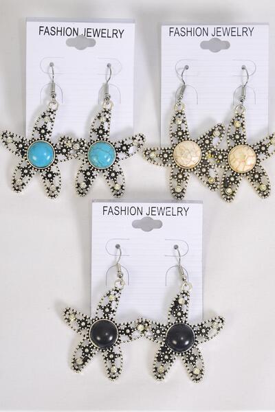 Earrings Metal Antique Star Fish Semiprecious Stone / 12 pair = Dozen  Fish Hook , Size - 1.5" Wide , 4 Black , 4 Ivory , 4 Turquoise Asst , Earring Card & OPP Bag & UPC Code 