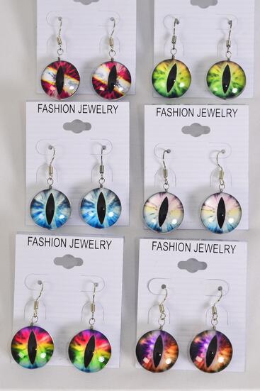 Earrings Dragon Eye Double Sided Glass Dome Multi / 12 pair = Dozen Fish Hook , Size - 0.75" Wide , 2 of each Color Asst , Earring Card & OPP Bag & UPC Code
