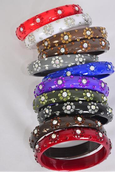 Bracelet Bangle Acrylic Flower Stones All Around / 12 pcs = Dozen Size - 2.75" x 0.5" Dia Wide , Choose Colors , Hang Tag & Opp bag & UPC Code 