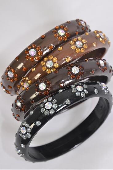 Bracelet Bangle Acrylic Flower Stones All Around Browntone Mix / 12 pcs = Dozen Size - 0.75" x 2.75" Dia Wide , Plus Size , 3 Black , 3 Dark Brown , 3 Medium Brown , 3 Camel Color Mix , Hang tag & OPP bag & UPc Code 