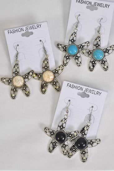 Earrings Metal Antique Star Fish Semiprecious Stone / 12 pair = Dozen  Fish Hook , Size - 1.5" Wide , 4 Black , 4 Ivory , 4 Turquoise Asst , Earring Card & OPP Bag & UPC Code 