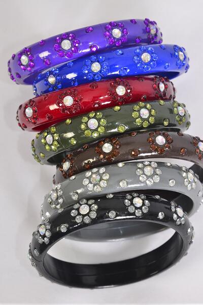Bracelet Bangle Acrylic Flower Stones All Around / 12 pcs = Dozen Size - 2.75" x 0.5" Dia Wide , Choose Colors , Hang Tag & Opp bag & UPC Code 