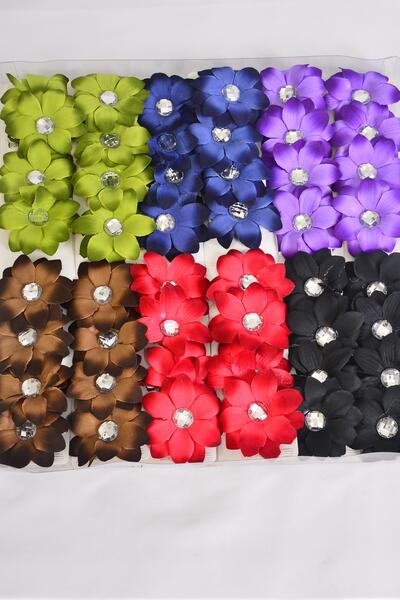 Flowers 48 pcs Alligator Clip Flower Daisy & Clear Stone Dark Multi / 12 card = Dozen Flower Size - 2.75" Wide , Alligator Clip , 2 of each Color Asst , Display Card w UPC Code , w Clear Box