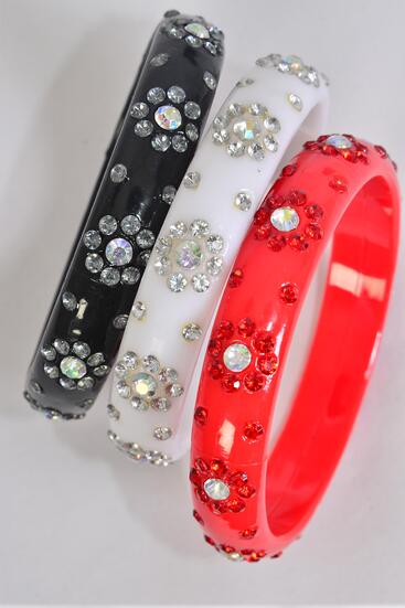 Bracelet Bangle Acrylic Flower Stones All Around Red White Black Mix / 12 pcs = Dozen Size - 2.75" x 0.75" Dia Wide , 4 Black , 4 Red , 4 White Color Mix , Hang Tag & OPP Bag & UPC Code 