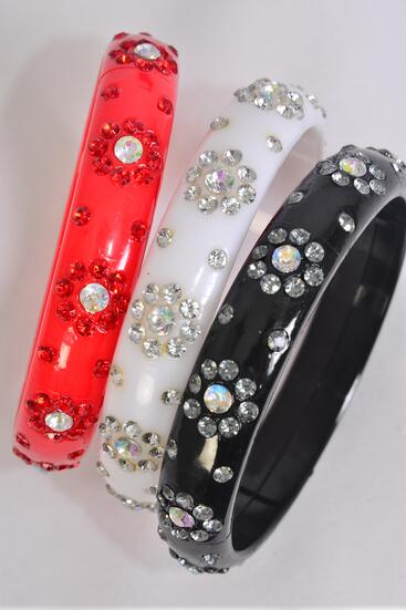 Bracelet Bangle Acrylic Flower Stones All Around Red White Black Mix / 12 pcs = Dozen Size - 2.75" x 0.75" Dia Wide , Plus Size , 4 Black , 4 Red , 4 White Color Mix , Hang Tag & OPP Bag & UPC Code 