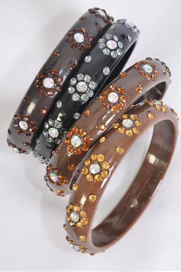 Bracelet Bangle Acrylic Flower Stones All Around Browntone Mix / 12 pcs = Dozen Size - 2.75" x 0.75" Dia Wide ,  3 Black , 3 Dark Brown , 3 Medium Brown , 3 Camel Color Mix , Hang tag & OPP bag & UPc Code 