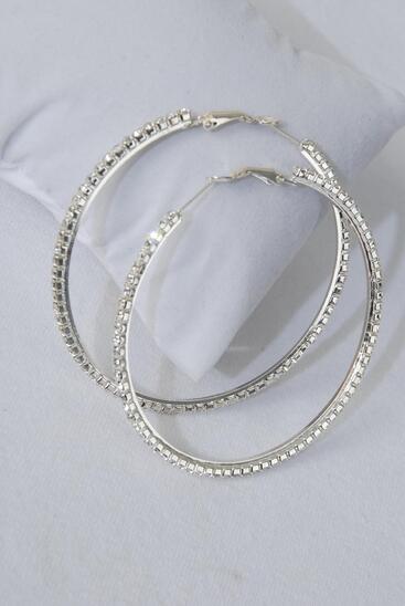 Earrings Hoop Gold Rhinestone Post / 12 Pair = Dozen Post , Size - 2" Wide , Earring Card & OPP Bag & UPC Code 