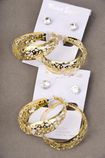 Earrings 2 pair Filigree Hoop Clear Rhinestone Studs Mix Gold / 24 pair = Dozen Post , Hoop Size - 1.75" Wide , Earring Card & OPP Bag & UPC Code , 2 pcs per Card , 12 card = Dozen