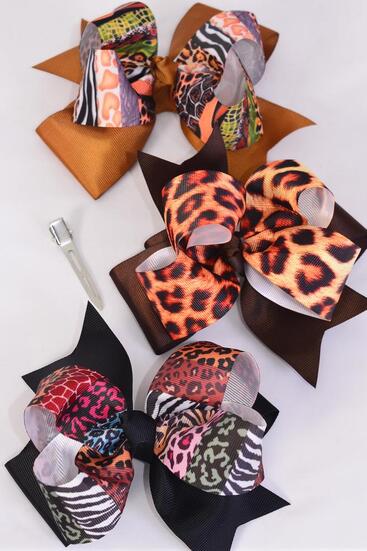 Hair Bow Jumbo Double Layered Leopard Pattern Mix Grosgrain Bow-tie / 12 pcs Bow = Dozen Alligator Clip , Size - 6" x 5" Wide , 4 of each Pattern , Clip Strip & UPC Code