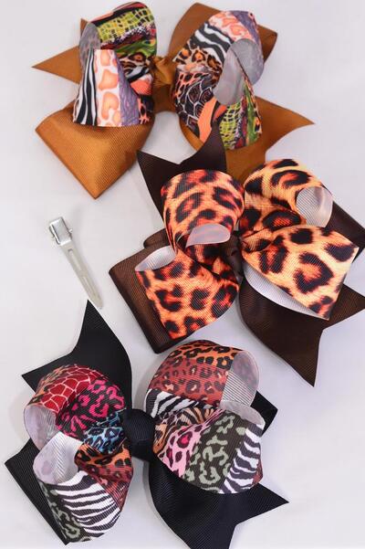 Hair Bow Jumbo Double Layered Leopard Pattern Mix Grosgrain Bow-tie / 12 pcs Bow = Dozen Alligator Clip , Size - 6" x 5" Wide , 4 of each Pattern , Clip Strip & UPC Code