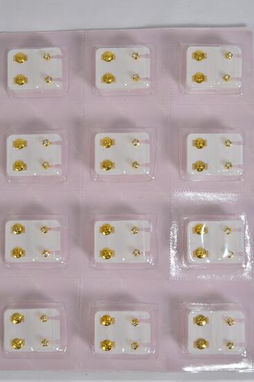 Earrings Rhinestone Stud w Heart shape Post Gold / 12 pair = Dozen  Gold , Post , w OPP Bag