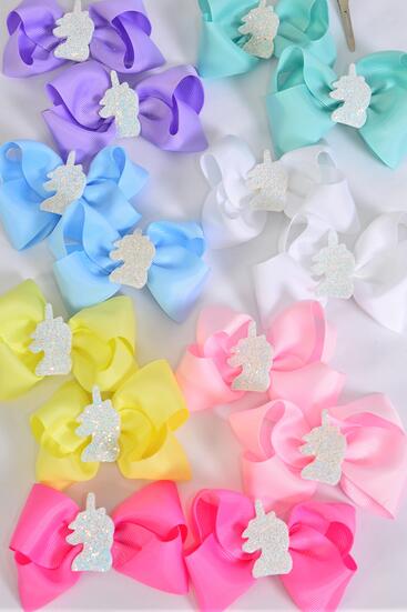 Hair Bow 24 pcs Center Unicorn Grosgrain Bow-tie Pastel / 24 pcs Bow = Dozen  Alligator Clip , Size - 3.5" x 3" , 2 White , 2 Baby Pink , 2 Lavender , 2 Hot Pink , 2 Mint ,1 Blue , 1 Yellow Color Asst , Clip Strip & UPC Code