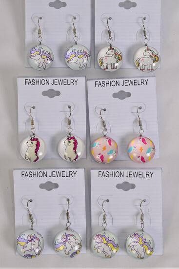Earrings Unicorn Pony Double Sided Glass Dome / 12 pair = Dozen match 70295 Fish Hook , Size - 0.75" Wide , 2 of each Pattern Asst , Earring Card & OPP Bag & UPC Code