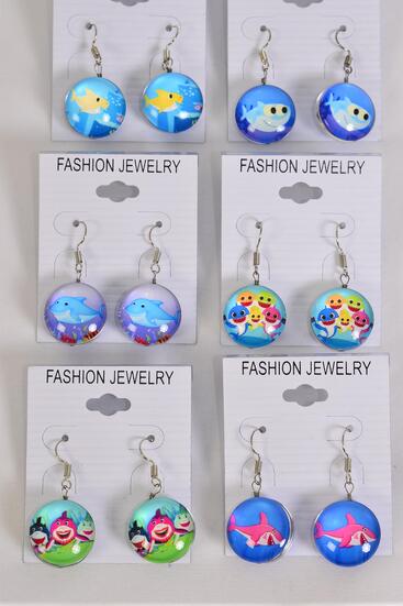 Earrings Happy Shark Under the Sea Double Sided Glass Dome / 12 pair = Dozen  match 70285 Fish Hook , Size - 0.75" Wide , 2 of each Pattern Asst , Earring Card & OPP Bag & UPC Code