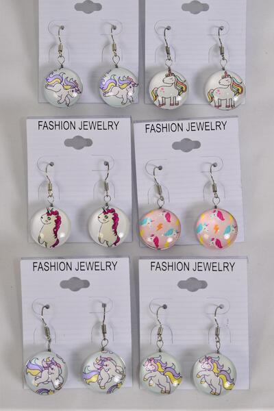 Earrings Unicorn Pony Double Sided Glass Dome / 12 pair = Dozen match 70295 Fish Hook , Size - 0.75" Wide , 2 of each Pattern Asst , Earring Card & OPP Bag & UPC Code