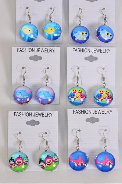 Earrings Happy Shark Under the Sea Double Sided Glass Dome / 12 pair = Dozen  match 70285 Fish Hook , Size - 0.75" Wide , 2 of each Pattern Asst , Earring Card & OPP Bag & UPC Code