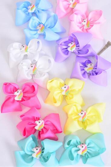 Hair Bow 24 pcs Center Unicorn Grosgrain Bow-tie Pastel / 24 pcs Bow = Dozen  Alligator Clip , Size - 3.5"x 2.5" , 2 White , 2 Baby Pink , 2 Lavender , 2 Blue , 2 Yellow , 1 Peach , 1 Mint Green Asst , Clip Strip & UPC Code