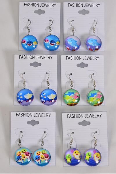 Earrings Happy Shark Under the Sea Double Sided Glass Dome / 12 pair = Dozen match 70287 Fish Hook , Size - 0.75" Wide , 2 of each Pattern Asst , Earring Card & OPP Bag & UPC Code