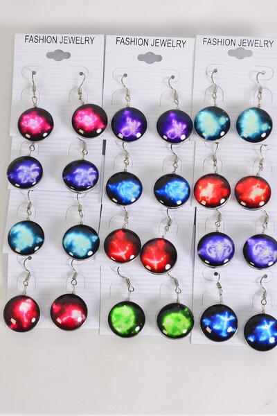 Earrings Greek Myth Zodiac Sign Double Sided Glass Dome Multi / 12 pair = Dozen  Fish Hook , Size - 0.75" Wide , 12 Month Asst , Earring Card & OPP Bag & UPC Code