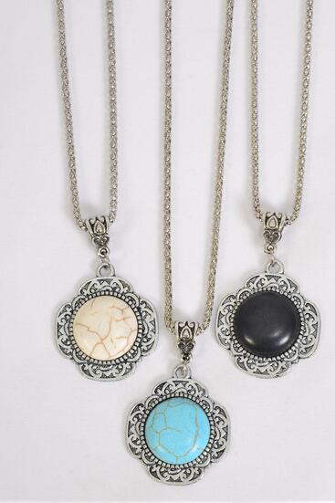 Necklace Silver Chain Metal Antique Round Semiprecious Stone / 12 pcs = Dozen Pendant - 1.5" Wide , Chain - 18" Extension Chain , 4 Ivory , 4 Black , 4 Turquoise Asst , Hang Tag & OPP Bag & UPC Code