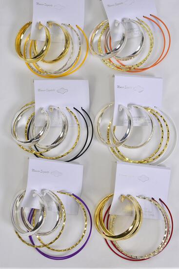 Earrings 3 Pair Metal Hoop Mix Design and Sizes Multi / 36 pair = Dozen Post , Hoop - 1.75" , 2.25" , 2.5" Size Mix , 2 of each Color Asst , Earring Card & OPP bag & UPC Code , 3 pair per card ,12 card = Dozen