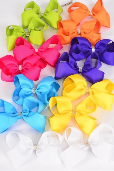 Hair Bow 24 pcs Bowtie Center Clear Stones Citrus Grosgrain Bow-tie / 24 pcs Bow = Dozen  Alligator Clip , Size - 3" x 2" Wide , 2 White , 2 Fuchsia , 2 Yellow , 2 Purple , 2 Blue , 1 Lime ,1 Orange Color Mix , Clip Strip & UPC Code