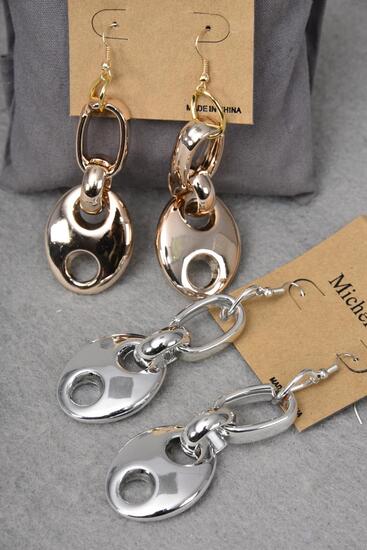 Earrings Chain Style Gold  Silver Mix / 12 pair = Dozen Fish Hook , Size - 2.5" x 1" Wide , 6 Gold , 6 Silver Mix , Earring Card & OPP bag & UPC Code