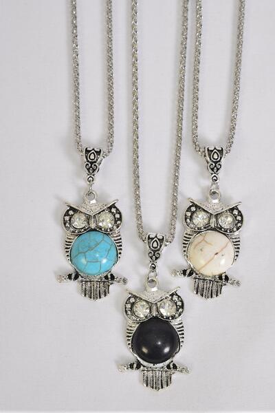 Necklace Silver Chain Owl Semiprecious Stone / 12 pcs = Dozen match 01087 Pendant - 1.5" x 1" Wide , Chain - 18" Extension Chain , 4 Ivory , 4 Black , 4 Turquoise Asst , Hang Tag & OPP Bag & UPC Code