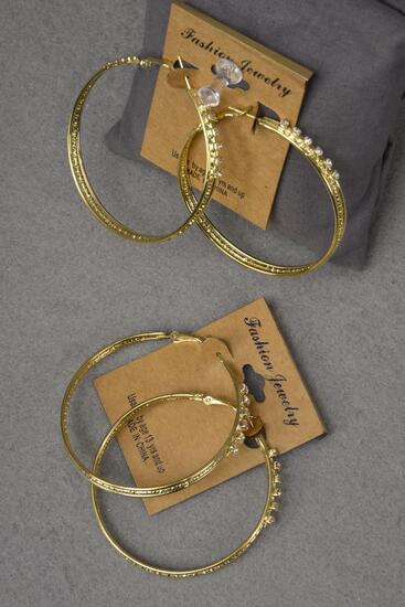 Earrings Metal Hoop Clear Rhinestones Post Gold / 12 pair = Dozen  Gold , Post , Size - 2" Wide , Earring Card & OPP Bag & UPC Code