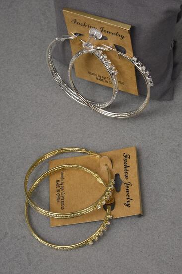 Earrings Metal Hoop Clear Rhinestones Post Gold Silver Color Asst / 12 pair = Dozen Asst , Post , Size - 2" Wide , 6 Gold , 6 Silver Color Asst , Earring Card & OPP Bag & UPC Code